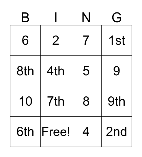 CARDINAL & ORDINAL NUMBERS Bingo Card