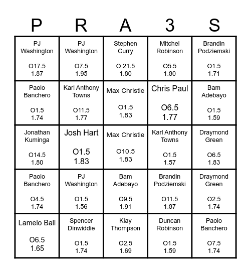 Player Props #/25 Bingo Card