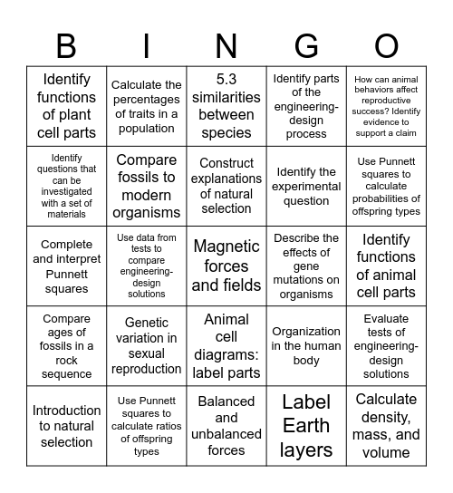 Science Review Bingo Card