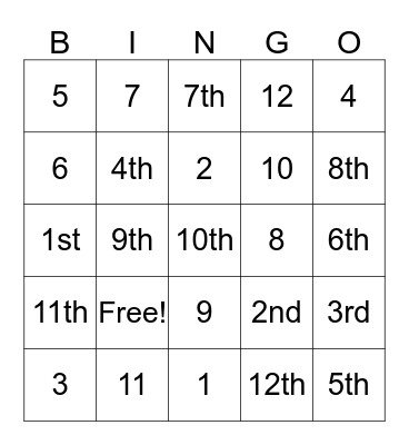 CARDINAL & ORDINAL NUMBERS Bingo Card