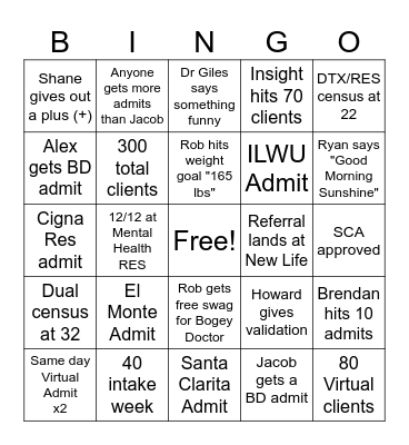 Admissions Bingo Card