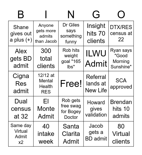 Admissions Bingo Card
