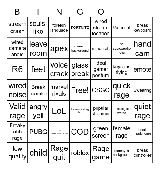 Gamer Rage Bingo Card