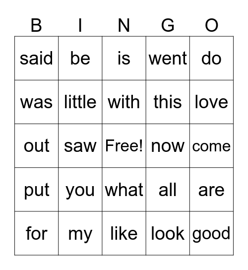High-Frequency Word Bingo Card