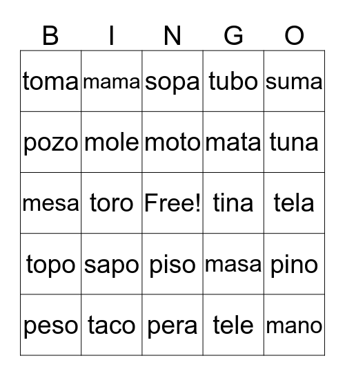Palabras de dos silabas Bingo Card