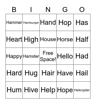 Fricative "H" Bingo Card