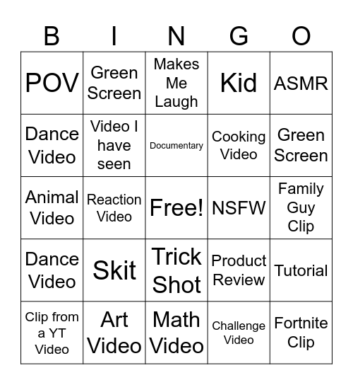 YT Shorts Bingo Card