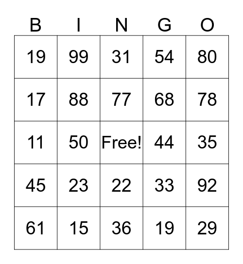 Place Value Bingo Card