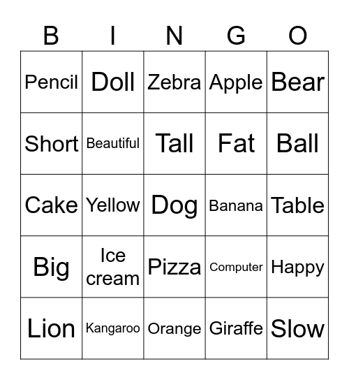 Vocabulary Bingo Card