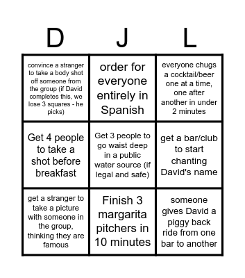 (GROUP) David's Bachelor Bingo Card Bingo Card