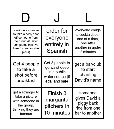 (GROUP) David's Bachelor Bingo Card Bingo Card
