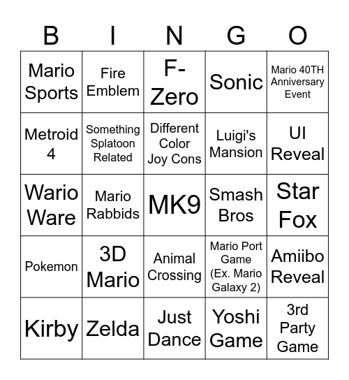 Switch 2 Bingo Card