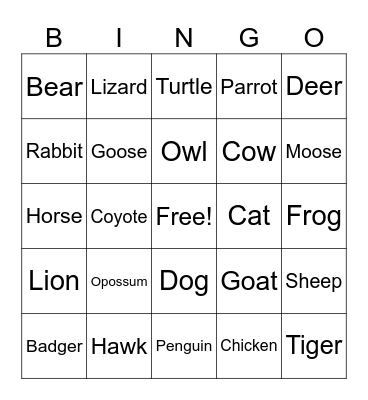 JC’s Animal Adventures Bingo Card