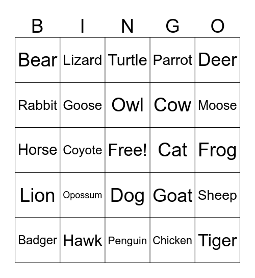 JC’s Animal Adventures Bingo Card
