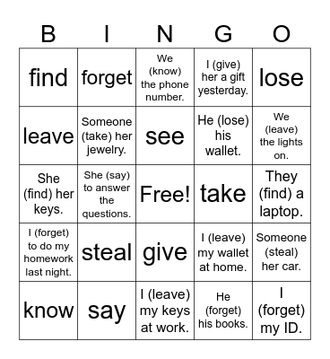 Irregular Past Tense Bingo Card
