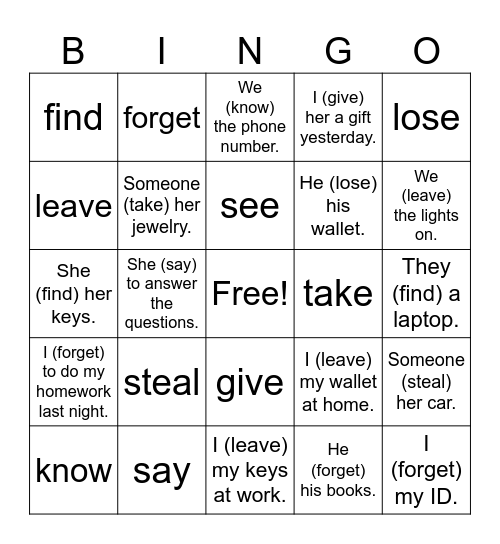 Irregular Past Tense Bingo Card