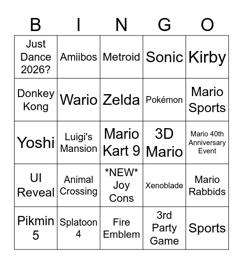 Switch 2 Bingo Card