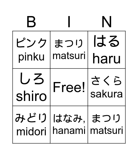 Sakura Matsuri Bingo Card