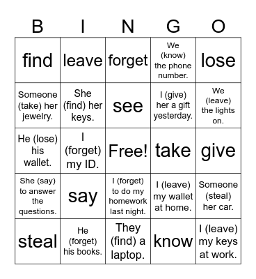Irregular Past Tense Bingo Card
