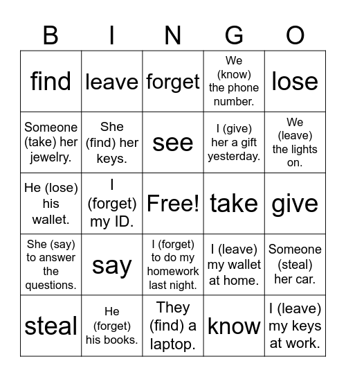 Irregular Past Tense Bingo Card
