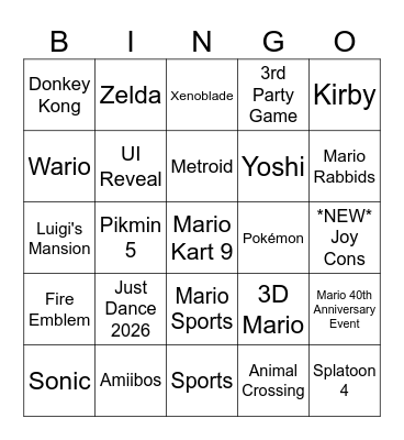 Switch 2 Bingo Card