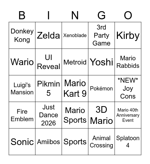 Switch 2 Bingo Card