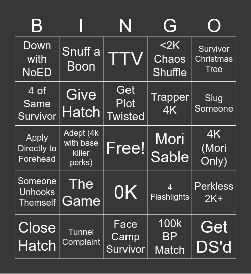 DBD Killer Bingo Card