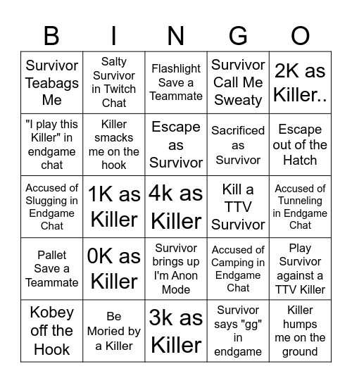 DBD Bingo Card