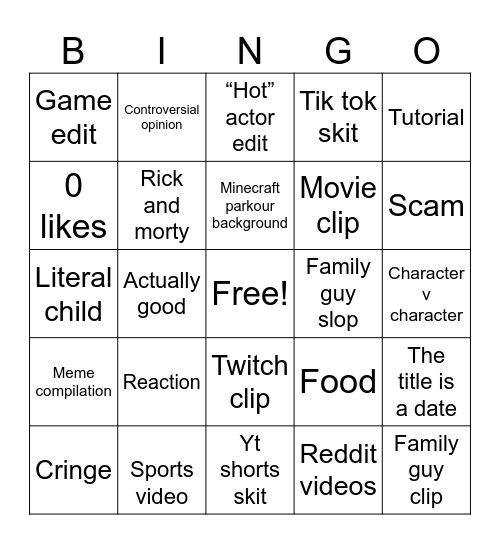YouTube shorts Bingo Card