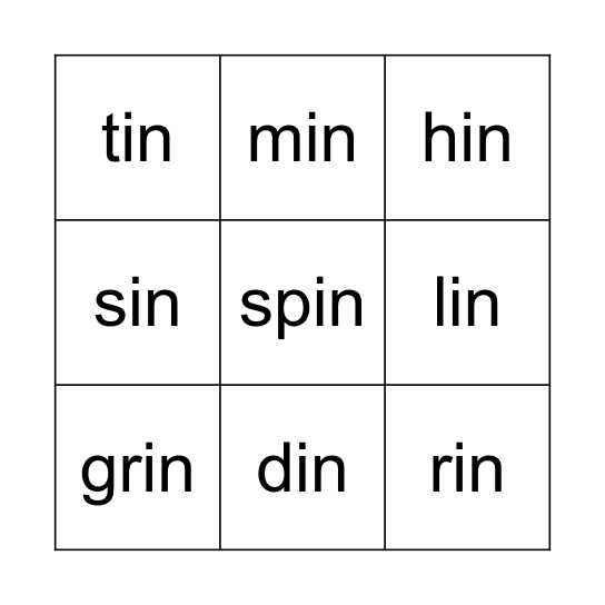 -in Word Family Bingo Card