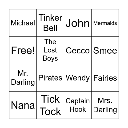 Peter Pan Character Bingo Card