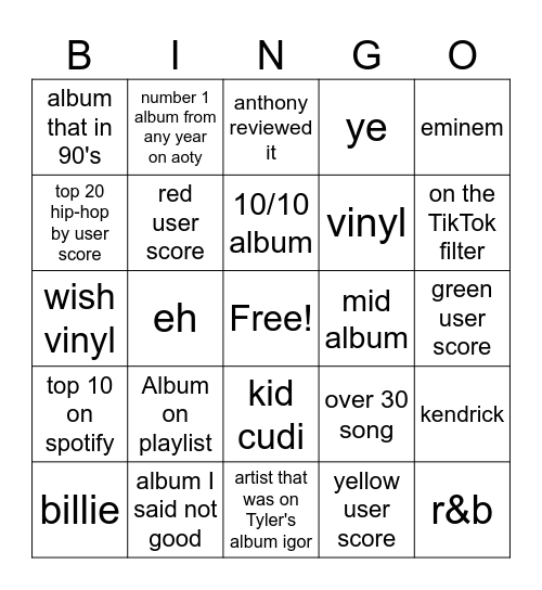 album Bingo Card