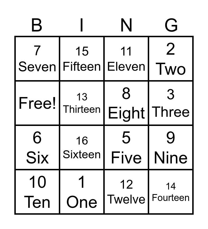Numbers Bingo Card