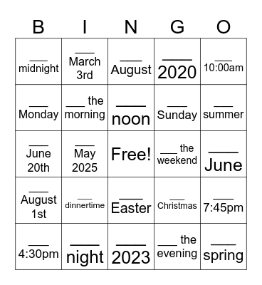 Time Preposition 2 Bingo Card