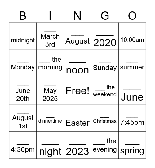 Time Preposition 2 Bingo Card