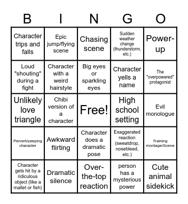 Anime Bingo Card