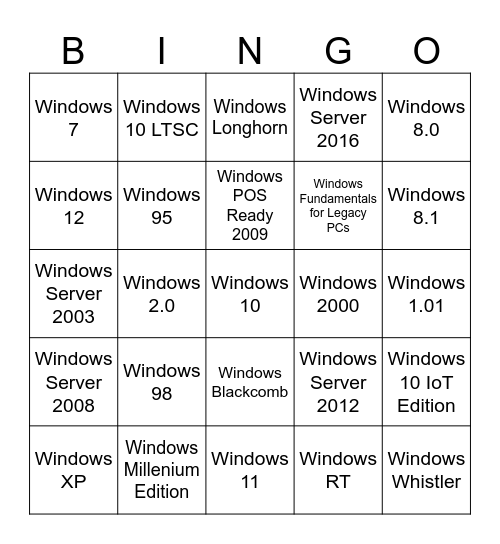 Windows OS Bingo Card