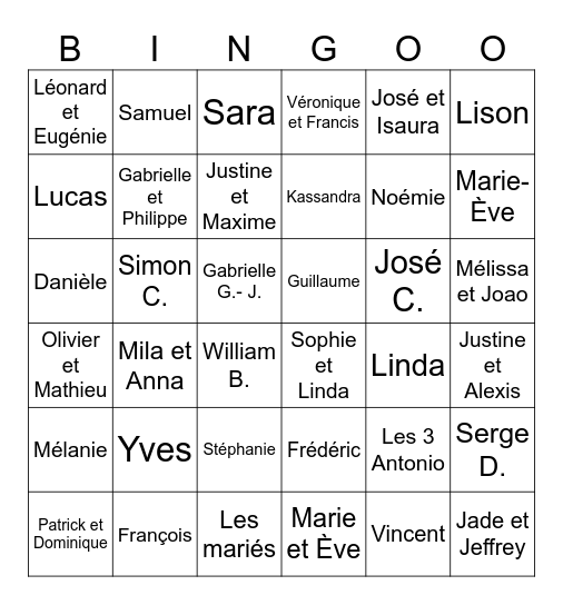 Bingo des invités Bingo Card