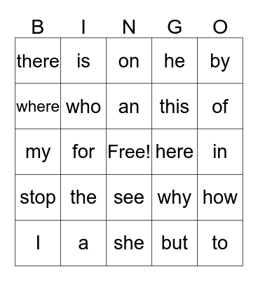 Kindergarten Vocabulary Bingo Card