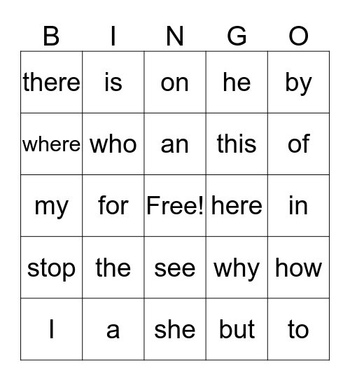 Kindergarten Vocabulary Bingo Card