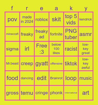 yt shorts bingo Card