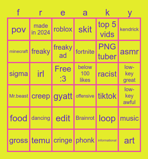 yt shorts bingo Card