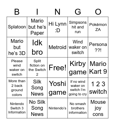 Nintendo Directed Bingo Card
