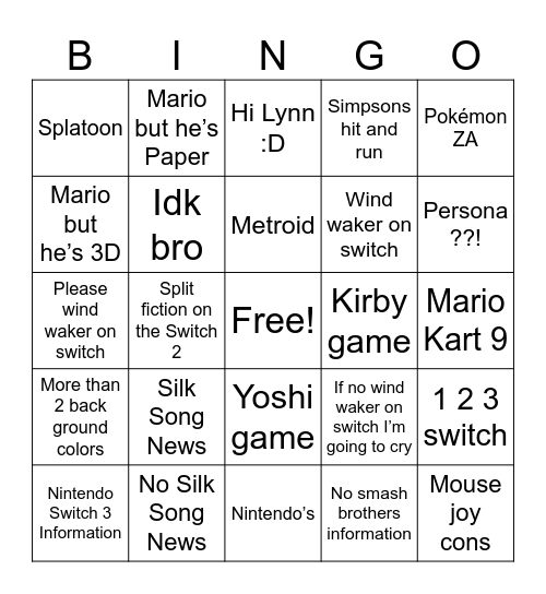 Nintendo Directed Bingo Card