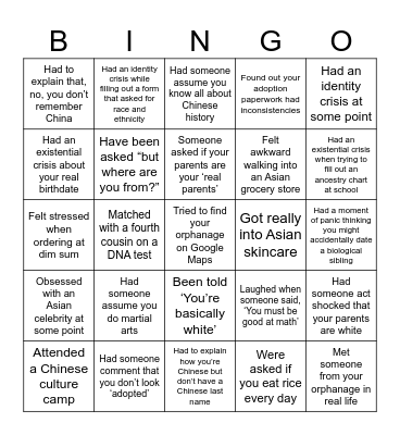 Adoptee Bingo Card