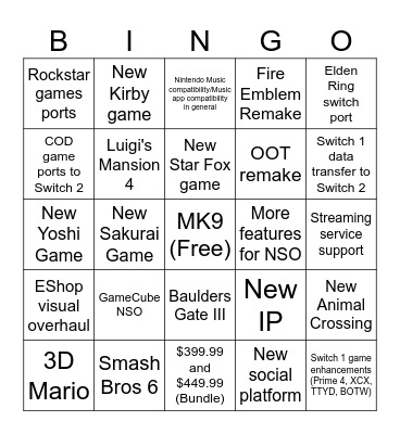 Switch 2 Reveal Trailer Bingo Card