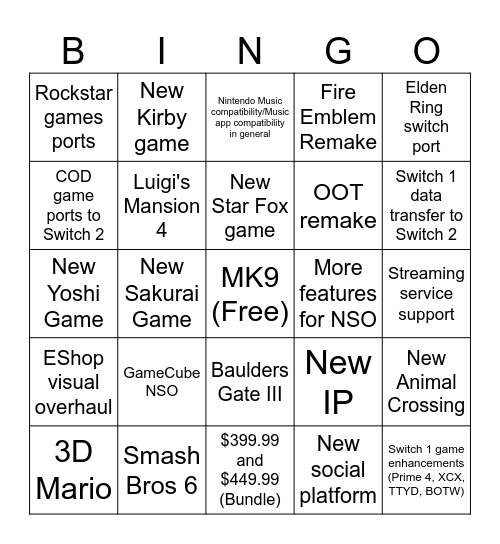 Switch 2 Reveal Trailer Bingo Card