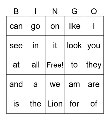 LOTIS Sight Words 1 Bingo Card