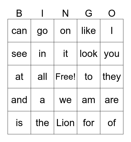 LOTIS Sight Words 1 Bingo Card