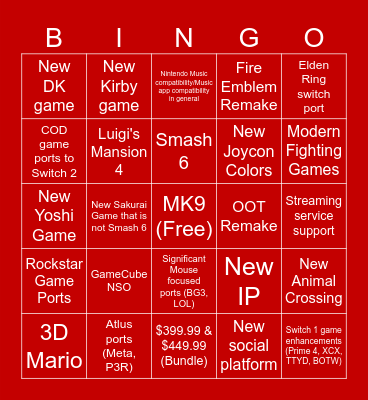 Switch 2 Reveal Trailer Bingo Card